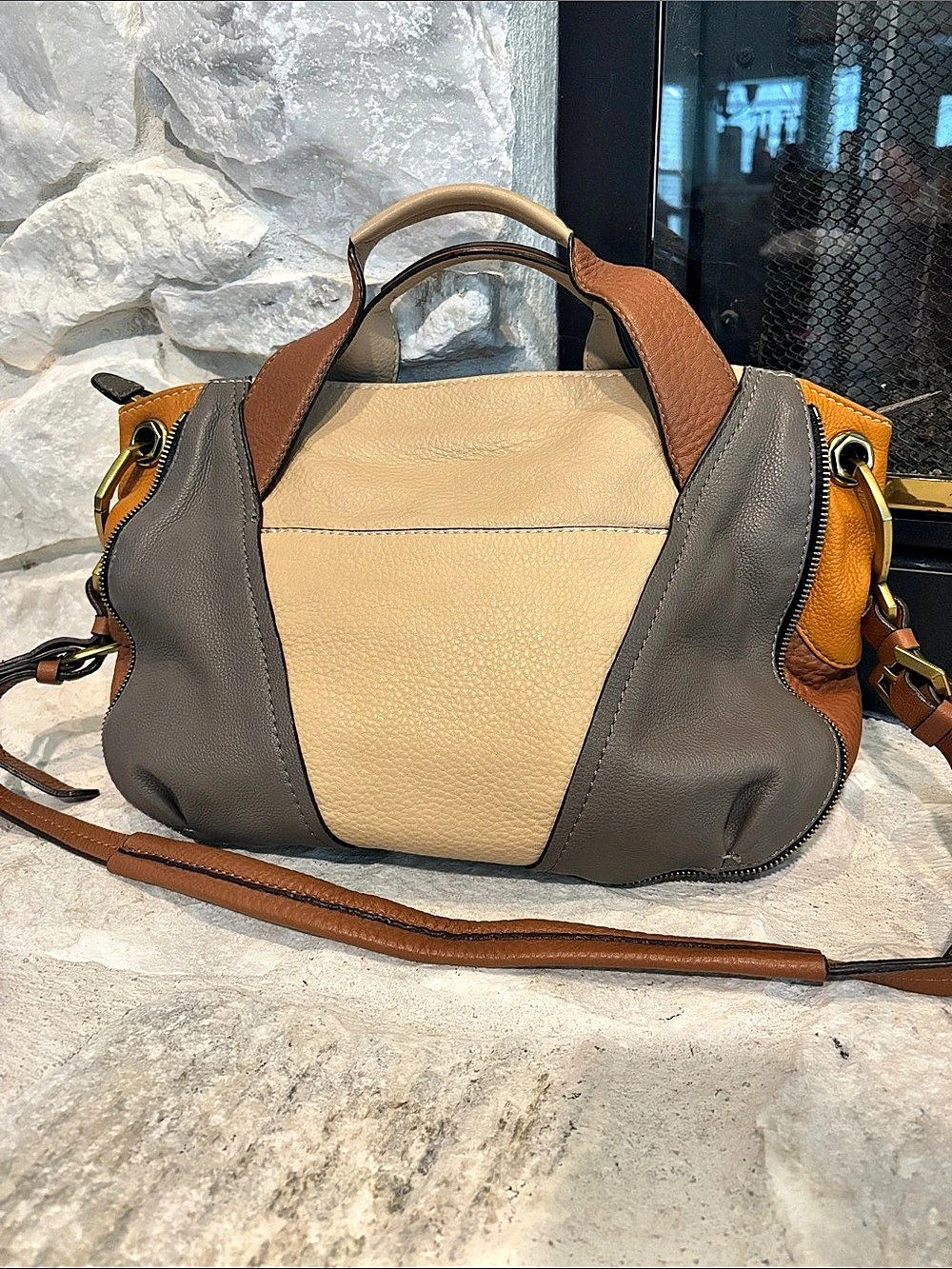 orYany Leather Shoulder Bag in Brown & Gray